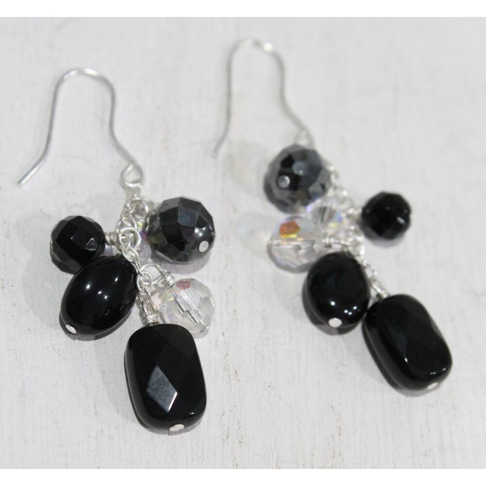 Vintage Designer Sterling Silver 925 Black Multi-Beaded Drop/Dangle Earrings